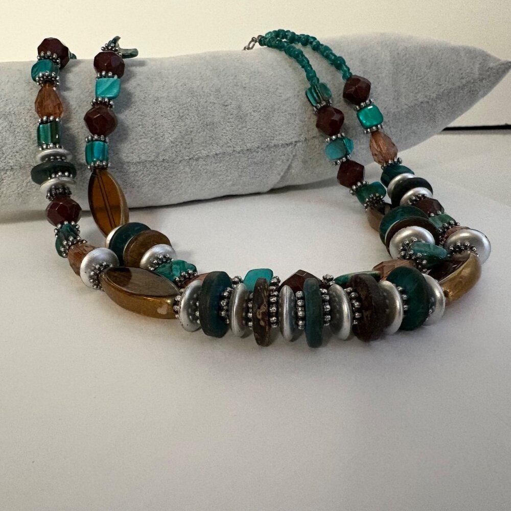Multicolor Beaded Necklace Teal Brown Silver Tones Boho Fashion Jewelry